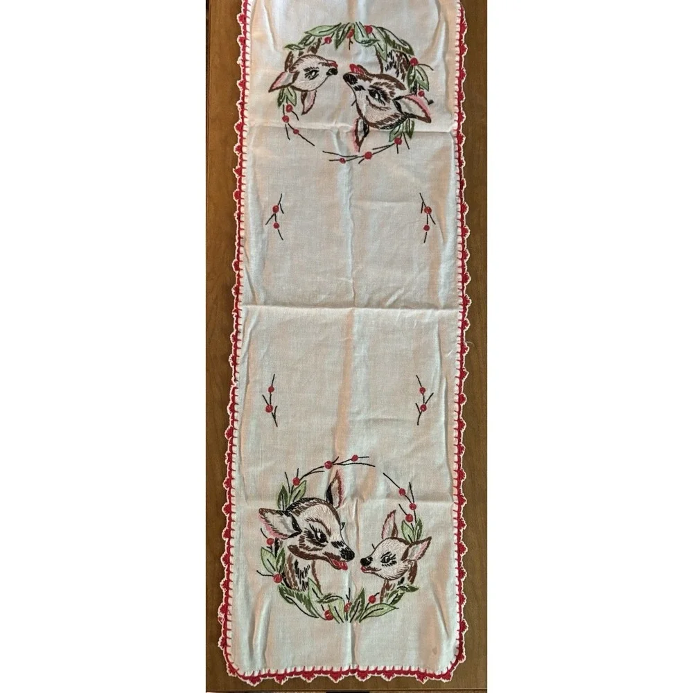 Vintage Hand Embroidered Tea Towel Table Runner Mom & Baby Deer White Red Green